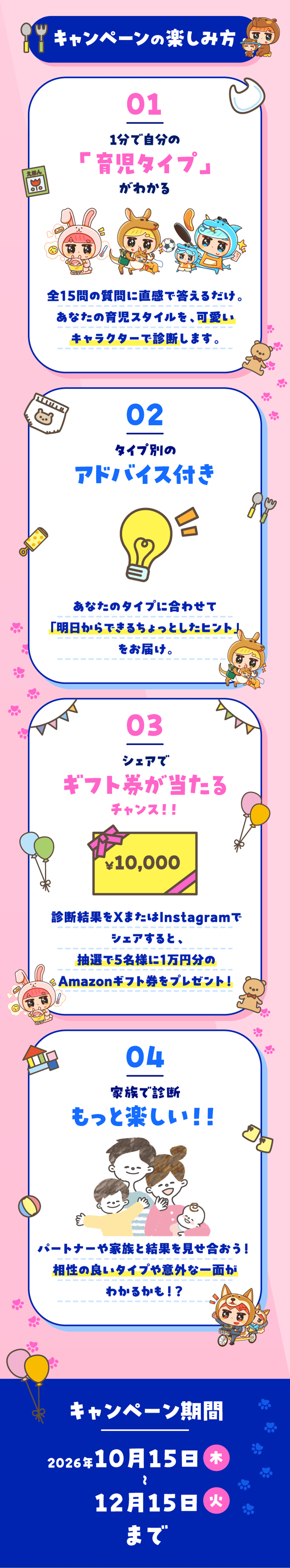 診断結果をX（旧Twitter）、Instagramにシェアしよう！「#ひなたのとも家事」「@hinata_tomokaji」をつけて投稿したら、自動で応募完了！抽選で5名様に1万円分のAmazonギフト券が当たる！